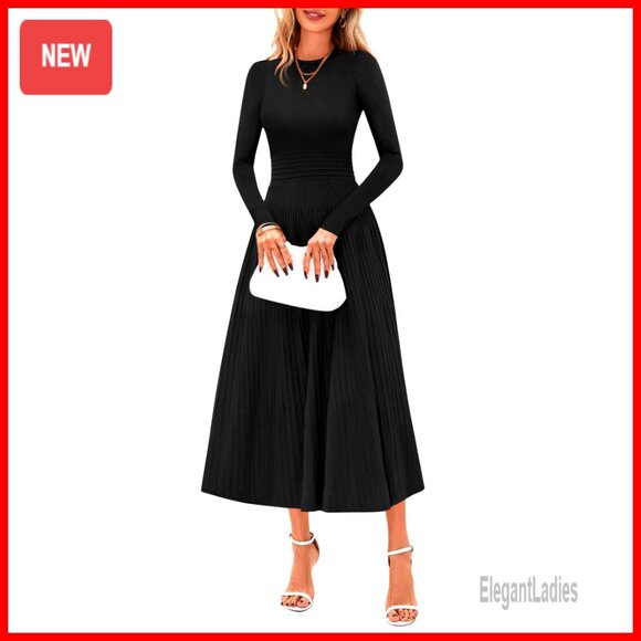 Long Sleeve Knit Midi Sweater Dress A-Line Wedding Guest Cocktail
